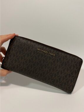 Michael Kors Dark Brown Signature Zip Wallet with Gold Logo